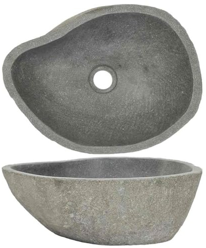 CIOURSTO Lavabo in Pietra di Forma Ovale, Materiale Pietra Naturale di Fiume, Lavabo Bagno con Foro di Scarico da 4,5 cm, Lucidatura delle Superfici Interne (37-46 cm)