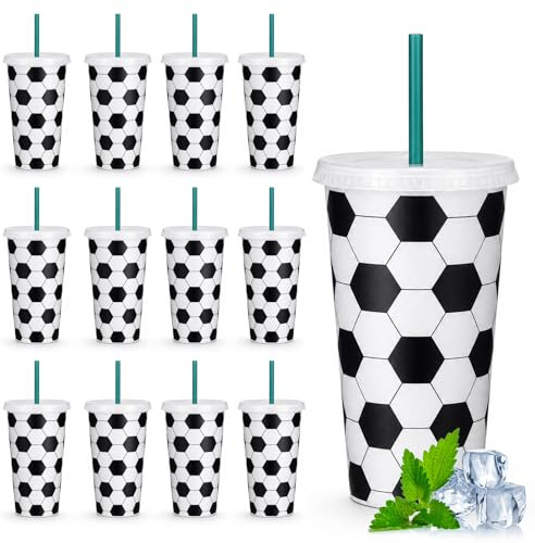 MeYuxg Set di 12 bicchieri da calcio, 701 ml, con coperchio e cannuccia, riutilizzabili, colore bianco e nero, per birra, acqua e bevande, calcio, sport, feste