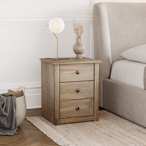 Vida Designs Mesita de Noche de Pino Macizo con 3 cajones, Mueble de Dormitorio Encerado