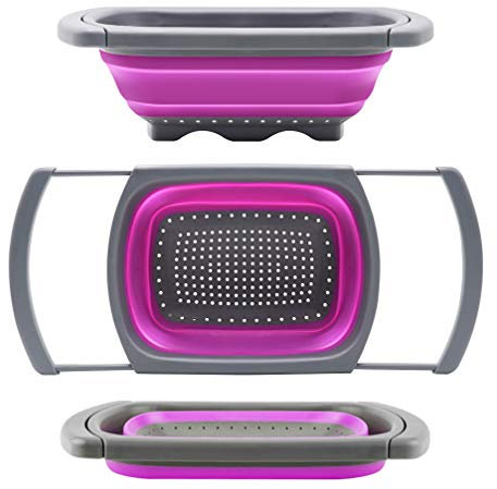 Qimh Collapsible Colander, Kitchen Colander Set Over Sink Strainer Veggies/Fruit Colanders Strainers with Extendable Handles, Dishwasher Safe Folding Strainer for Kitchen, 6-Quart, BPA Free
