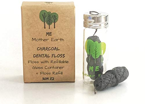 Vegan Biodegradable Bamboo Charcoal Dental Floss with Refillable Glass Container | Free Refill | Natural Candelilla Wax | 30M x2 | Peppermint Essential Oil | Eco Friendly Zero Waste Oral Care