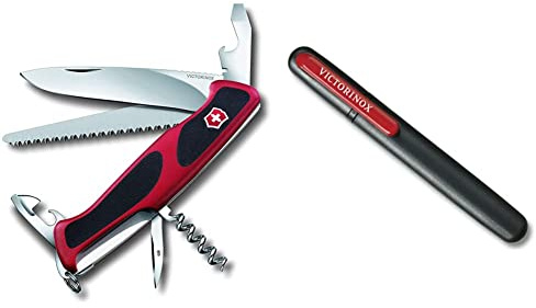 Victorinox Taschenmesser Ranger Grip 55 (12 Funktionen, Feststellklinge, Säge) rot/schwarz & Dual-Messerschärfer, Tragbar, Schleifstein für Grobschliff, Keramikplättchen für Feinschliff