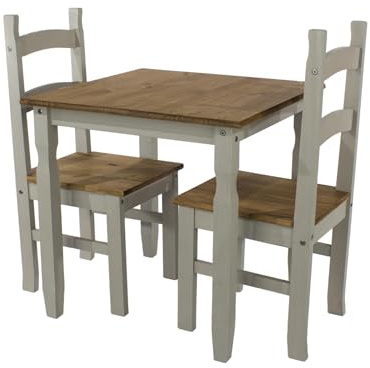 Home Source Solid Pine Wood 2 Chair Kitchen Dining Set, Compact Square Table, Grey