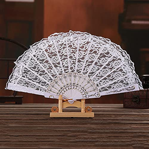 Damen Handfächer Stofffächer,Hochzeitsfächer Spitze,Vintage Spanische Barock Viktorianischen Sommer Faltfächer für Hochzeiten Geburttag Party Kostüm Halloween Karneval Fasching Tanzen Hand Fan,Weiß