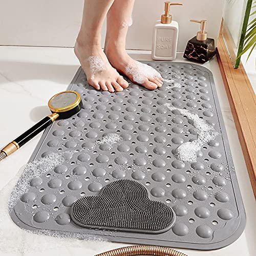 Bathsafe Extra Large Non Slip Shower Mat with Foot Scrubber Brush,Strong Suction Cups Foot Massager Cleaner Bath Mat with Drain Holes Soft TPE Machine Washable Safety Bathtub Mats Pads,20X32Inch,Gray