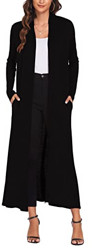 Bluetime Women Floor Length Open Front Cardigan Lightweight Long Sleeve Maxi Duster with Pockets (XXXL, Black)