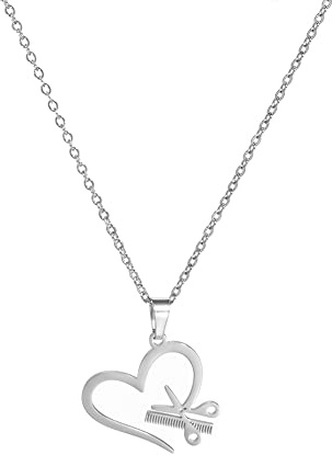 Dreamtimes Collier en Acier Inoxydable pour Femme en Forme de Coeur Peigne Ciseaux Tour de Cou Barber Pendentif Trendy Punk Bijoux Bijoux à la Mode pour Femme Cadeau d'anniversaire (argent)
