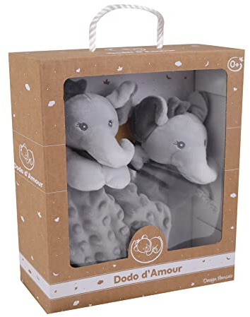 Dodo d'AMOUR - Set aus quadratischem Kuscheltier und Rassel - Elefant - 012191 - Grau - Gepolstert - Geburt - Plüschtier - Baby - Beruhigend - Weich - Waschbar - 29 cm x 22 cm - Ab 0 Monaten.