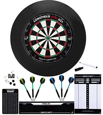 Engelhart - Dartscheiben-Set: Sisal-Dartscheibe, Surround-Ring, 6 Pfeile (Schwarz + Anzeigetafel + Kasse + Wurflinie)