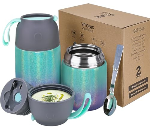 Boîtes Alimentaires Isothermes Set 500ml+700ml, Boîte Isotherme Repas Chaud en Acier Inoxydable avec Cuillère, Thermoisolant Boîte Récipient Thermique sans BPA pour Ecole Bureau