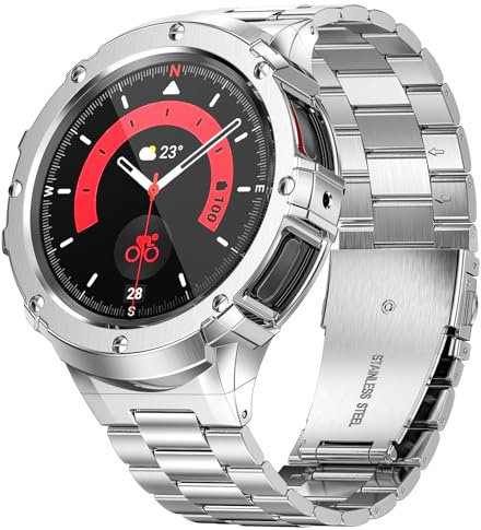 SUPLINK Metallgehäuse mit Band Kompatibel Samsung Galaxy Watch 5 Pro Armband 45mm/ Watch 6/ Watch 5/ Galaxy Watch 4 Armband 44mm, Edelstahl Schutzhülle Armband Männer
