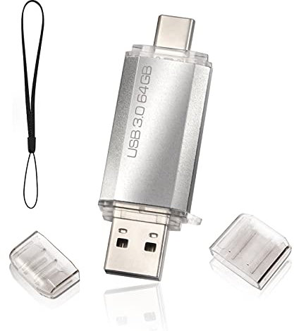 Clé USB 64Go 3.0 2 en 1 Rapide, OTG Clé USB C 64Go 2 en 1 Type C 3.0 en Métal, Pen Drive 64GB Flash Drive 64GB pour PC/Smartphones/MacBook Pro(Argent)