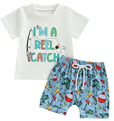 Kupretty Baby Boy Clothes Toddler Summer Outfit Fishing T-Shirt Tees Shirt + Shorts 6 12 18 24 Months 2T 3T Clothing Set (Fish Shorts Set Blue, 0-6 Months)