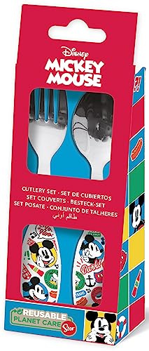 Tataway Juego de 2 cubiertos de acero inoxidable rojos con puntas redondeadas de Mickey Mouse de Disney para niños
