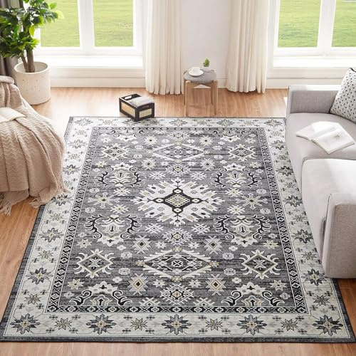 CHOSHOME Waschbarer Teppich Wohnzimmer 120x170CM Grau Kurzflor Carpet Mit Orient Design Weiche Teppiche für Esszimmer Schlafzimmer rutschfest Boho