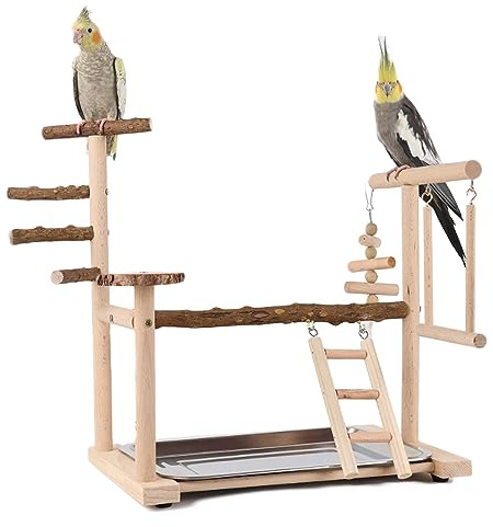 WishesMar Bird Playground Parrot Play Stand with Swing Climb Ladder and Tray Budgie Playground Cage Exercise Gym Toys for Parakeets Cockatiel, Wooden, Size About 14.2x9.0x15.3 In