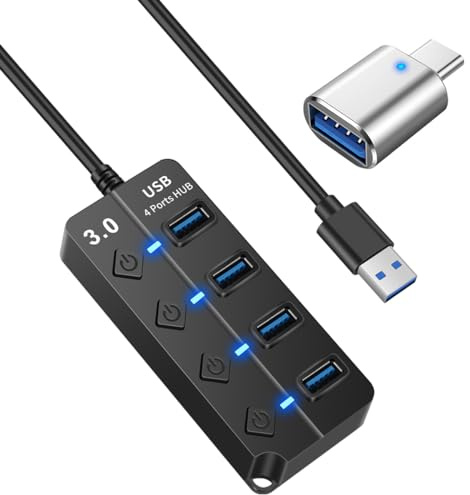 KLAQQED USB Hub 3.0, USB Splitter1 in 4 Out, USB Extender USB Adapter Multiple Port USB Station Dock Hub with Individual Switches, USB Expander Hub for Laptop/MacBook/Flash Drives/Mobile HDD/Printer