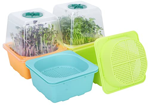LUVCOSY Plateaux de Culture Microgreens avec Couvercle et Dôme d'Humidité, Grands Trous de 3 mm, sans BPA - Kit de Germination pour Tournesol et Fèves Mung - Pack de 4