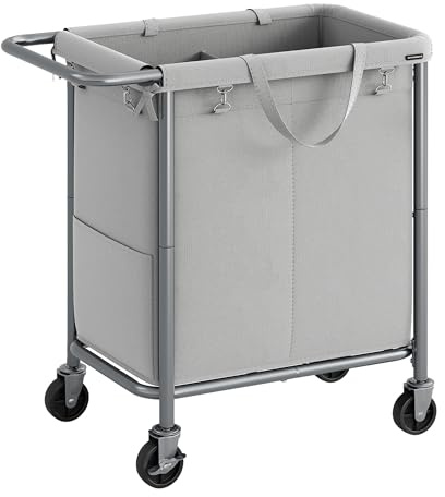 SONGMICS Laundry Basket with Wheels, 2-Section Rolling Laundry Hamper, 37 Gallons (140L), Removable Liner, Steel Frame with Handle, Blanket Storage, 27.2 x 15.4 x 31.9 Inches, Dove Grey URLS004G01