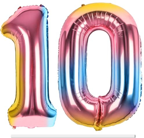 LAPONO Zahlen Luftballons 10 Regenbogen, 2 Folienballons Zahlen 1+0, Helium Geeignet mit Aufblashalm, Selbstschließendes Ventil, Geburtstag Deko Party Foto für 10. Geburtstag Jubiläum Tischdeko Alter