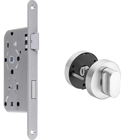 Einsteckschloss für Zimmertüren Dornmaß 55 mm Stulp 20 mm, silber (DIN-Rechts, WC inkl. WC-Rosette)