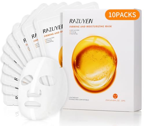 RAZUYEN Anti-Age Ansiktsmask 10 st med Hyaluronsyra och Peptider | Face mask och arkmask för intensiv fukt, hudens kollagen, synliga rynkor och alla hudtyper, hemma och på resa