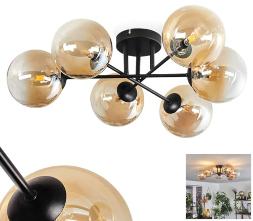 HOFSTEIN Deckenleuchte Chehalis, Deckenlampe aus Metall/Glas in Schwarz/Bernsteinfarben/Klar, Leuchte im Retro/Vintage-Design mit Schirmen aus Glas (Ø 15 cm), 6 x G9 LED