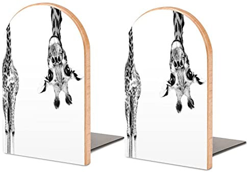 Buchstützen aus Holz, Motiv: niedliche Giraffe, die nach seinem Kopf sucht, schwarz-weiß, 2 Stück, Buchstützen, Buchstützen, Ständer für Regale, Zuhause, Büro, Bibliothek, Arbeitszimmer, Dekoration, S