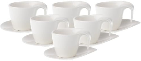 Villeroy & Boch Flow Lot de 6 tasses à petit-déjeuner, avec soucoupes, 250 ml, pour cappuccino, pour 6 personnes, avec anse incurvée, en porcelaine de qualité supérieure, blanches