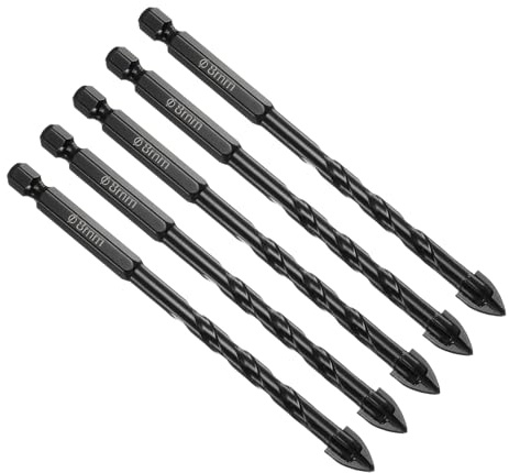 CoCud Masonry Drill Bit, 8mm Cutting Dia 118mm Length 1/4 Hex Shank Carbide Cross Tip Concrete Drill Bit Set Black - (Applications: for Wood Glass Brick Cement), 5-Pieces