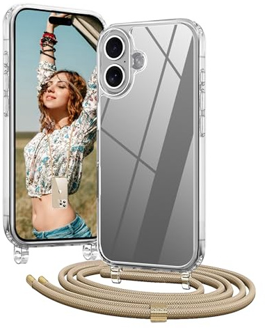 OLEPHY Handykette für iPhone 16 Hülle mit Band, Golden | Necklace Handyhülle, Transparente Schutzhülle zum Umhängen [Verstellbarem und Demontage Umhängeband],