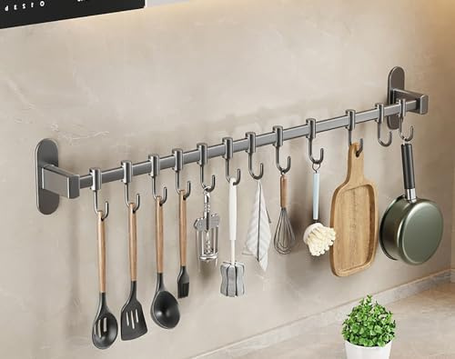 Redskapskrokar ， köksredskapsställ, aluminium kökssken väggmonterat rack med krokar arrangör kök redskap väggmonterat hängande skenställ(70cm)