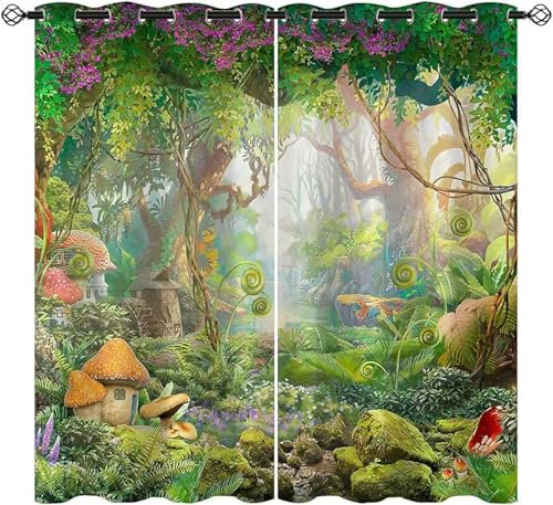ZZTBQ Karikatur Wald Verdunkelungsvorhang Für Kinderzimmer Pilz Gardinen Blickdichter 2er Set Vorhang Verdunkelung mit Ösen Baumhaus 150x166cm Für Jungen Mädchen Kinder Schlafzimmer