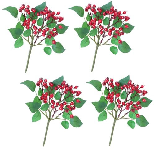Fofetbfo Lot de 4 Tiges de Baies Rouges Artificielles, Bouquet de Fausses Baies Rouges avec Feuilles Vertes, Tige de Baies de Houx de Noël, Faux Pics de Baies de Houx pour Vase, (A)