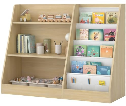 Kinderregal mit 4 Ablage und 3 offenen Fächern, Bücherregal für Kinder, Kinderzimmerregal, Bücherregal Aufbewahrungsregal für Kinder, Spielzeug-Organizer für Spielzimmer, 80 x 30 x 67.5 cm (Eiche)