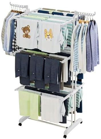 Neo 4 Tier Clothes Horse Drying Rack Folding Side Wings Rail Stainless Steel Stand Laundry Garment (White)