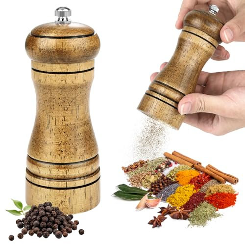 GlasFlength Molinillo de Pimienta, Molinillo de Especias de Madera con Cepillo de Limpieza Mmolinillo Pimentero Ajustable Pepper Grinder para Moler Especias Comino Sésamo y Paprika, 14cm
