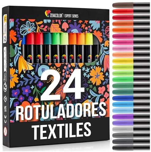 24 Textilstifte Waschmaschinenfest - Textilfarbe Waschmaschinenfest - Ungiftig, Waschfeste und Permanente Stoff Marker ideal für T-Shirts, Stofftaschen und andere Textilien - Für Kinder und Erwachsene