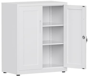LVSTEEL Armadio Multifunzionale con Serratura, Armadietto 2 Ante, Armadio Ufficio, Dotato di 2 Ripiani Regolabili in Altezza, Bianco, 91.5×75×40 cm