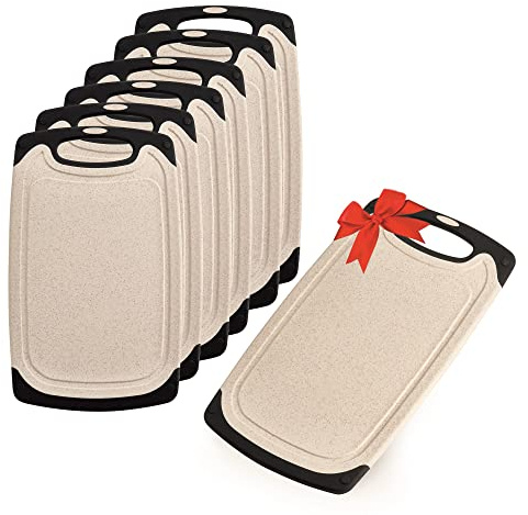 KPYTO Frühstücksbrettchen 6er Set + 1 Brettchen, 24 x 14 cm Schneidebrett Set, beidseitig, rutschfest mit Saftrille, creme Brettchen mit schwarzem Rand, Brotzeitbrett,Frühstücksbrett