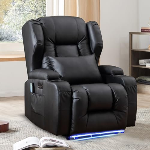 Oprisen Elektrisch Verstellbar Relaxsessel Fernsehsessel mit Liegefunktion, Kunstleder Massagesessel mit Wärmefunktion, TV Sessel Kinosessel mit USB/LED für Wohnzimmer,bis 150 kg (1, Schwarz)