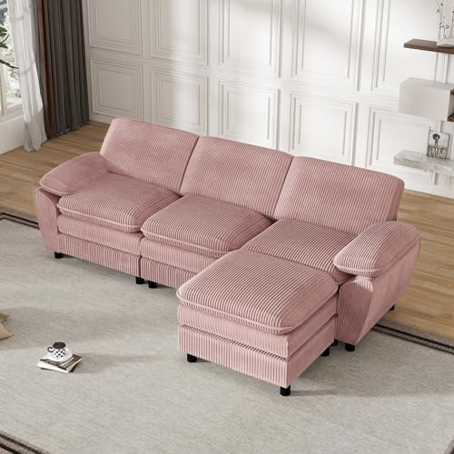 Ligterra Ecksofa mit Schlaffunktion - Big Sofa 3 Sitzer für Wohnzimmer, L Form Couch, Modulares Schlafsofa mit abnehmbarem osmanischen Wohnzimmer, Moderne Schlafcouch, 258 x 86 cm, Rosa