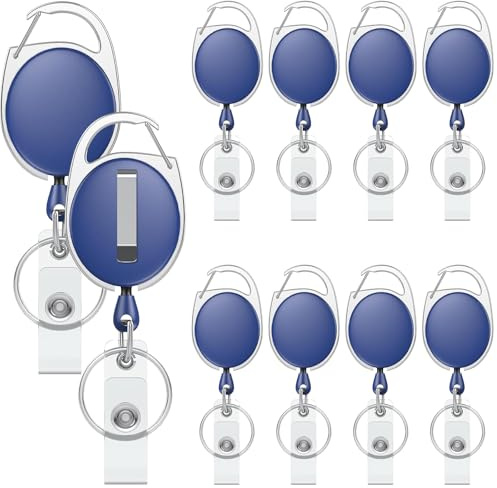 Uniclife Lot de 10 Badge Reels Rétractables pour Porte-Badges Bleu Porte-Clés Boîtier en ABS Renforcé avec Ressort en Acier Inoxydable Cordon en Nylon de 61 cm Mousqueton et Anneau pour Clés