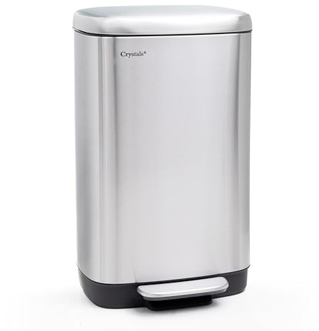 Crystals 30L Rectangular Slim Pedal Bin with Soft Close Lid – Compact Waste Bins for Bathroom, Kitchen, Toilet or Office – Hands-Free Rubbish Bin with Removable Inner Bucket, Modern Design (Silver)