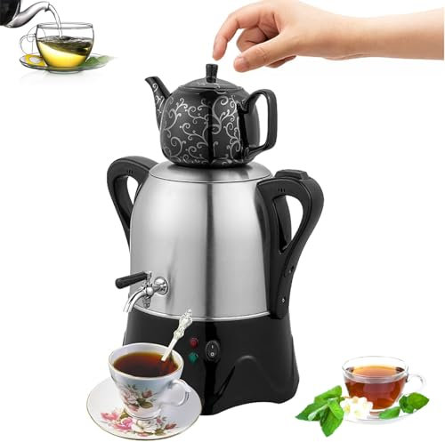TYH Théière Électrique Turque, Bouilloire Électrique À 2 Niveaux, Samovar Turc Électrique avec Fonction Maintien Au Chaud, Théière en Acier Inoxydable 3 L, Théière en Céramique 1 L, pour Café