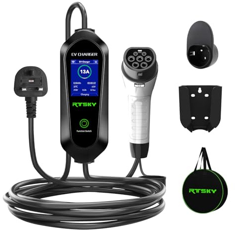 RTSKY Ev Charger Cable Type 2 to 3 Pin UK Plug 5M, 3KW 13A with Adjustable Current, Includes UI Display Screen, Storage Bag & Wall Mount