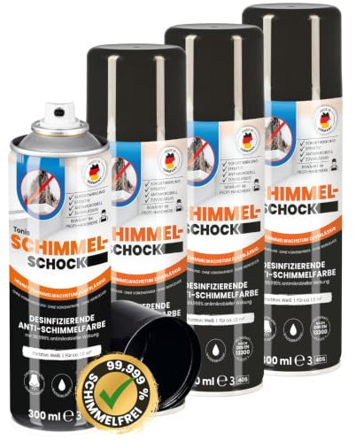 Tonis SCHIMMELSCHOCK 4er Set Anti-Schimmel-Farbe mit 99,999% antimikrobieller Wirkung | Sprühfarbe für ca. 1,5 m², wissenschaftlich nachgewiesene Sofortwirkung | Effektiv und zuverlässig