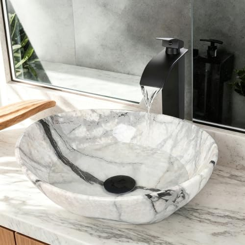 Kiciykc 16 Zoll Oval Badezimmer Waschbecken, weiße Marmorierung