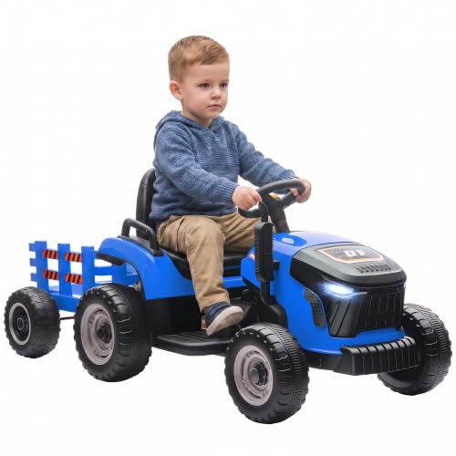 AIYAPLAY Elektrischer Kinder Traktor mit Anhänger 2 Motor 3-5km/h Blau | Aufsitztraktor mit Fernbedienung, 3-Gang Kinder Elektroauto, Musik, Hupe, Startgeräusch, Sanft Start, für 3-8 Jahre