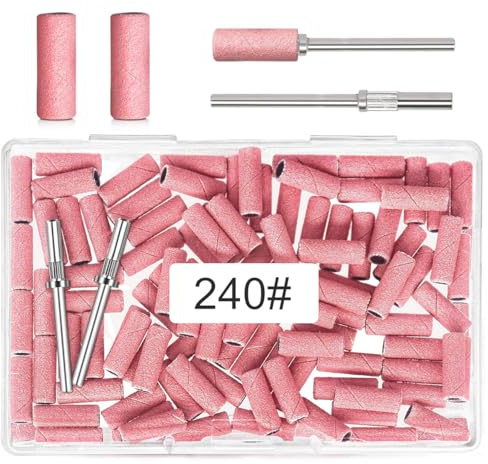 100pcs Kleine Schleifbänder für Nagelbohrer, 240 Grit Schleifhülsen Nagelfräser mit 2pcs 3mm Bohrer, Mini Schleifhülsen Nagelfräser, Schleifkappen mit Nagelschleifbit für Professionelle, Rosa